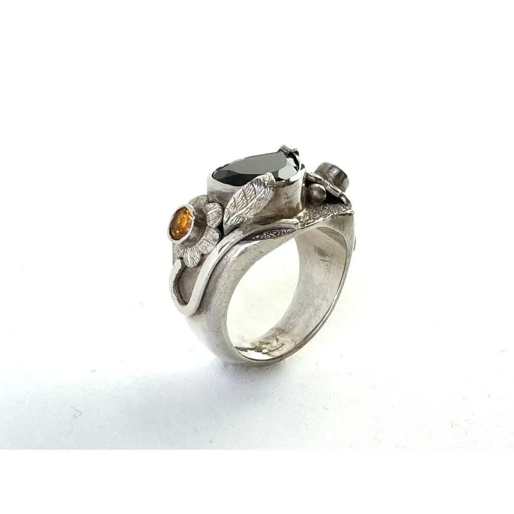 Red Garnet Grossular Garnets Sterling Silver Carved Flower Ring US Sz 8.5 - Picture 1 of 9